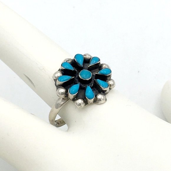 PETIT POINT sterling turquoise flower ring - size 6.5 Mexico southwest style 925 - Picture 2 of 8